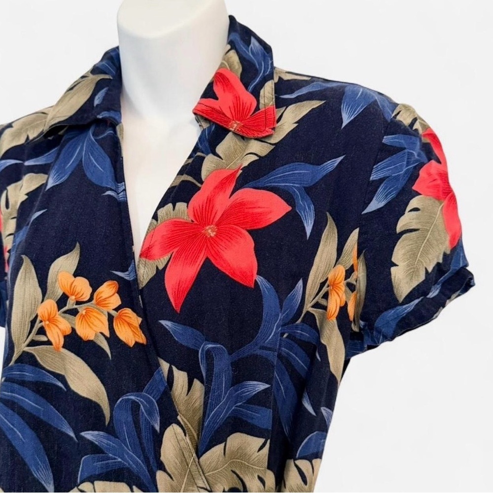 Caribbean Joe Navy Floral Wrap Dress, Hawaiian Tropical Print, Size Small - Picture 3 of 6
